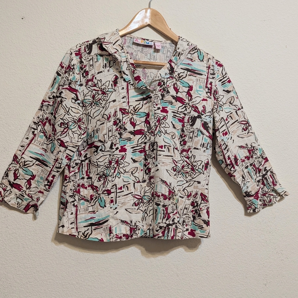 A.Plus Linen Button Up Blouse Floral City Print Sz Small.